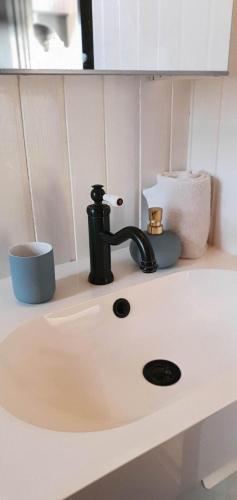 a sink with a faucet on top of it at Smáratún Cottages & Chalets in Hellisholar