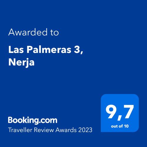 a blue phone screen with the text awarded to las palmas neeria at Las Palmeras 3, Nerja in Nerja