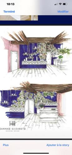 two pictures of a building with a drawing of a restaurant at Hôtel du Commerce in Semur-en-Auxois