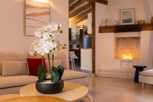 ein Wohnzimmer mit einem Tisch und einer Pflanze darauf in der Unterkunft La Maison Coco à 8min de Disneyland Paris in Montévrain
