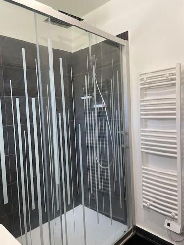 La salle de bains est pourvue d'une douche en verre et d'une fenêtre. dans l'établissement VILLA CHEZ ANTONI, à Grosseto-Prugna