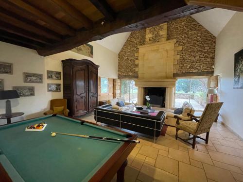 a living room with a pool table and a fireplace at Manoir de La Brunie-Grand Longere in Coux-et-Bigaroque