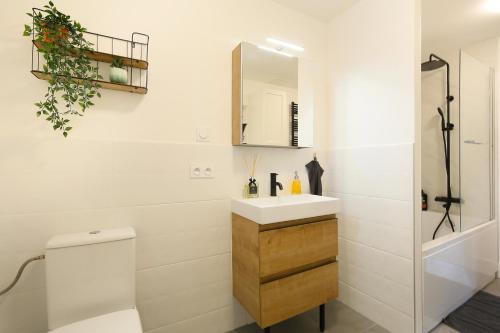 La salle de bains est pourvue d'un lavabo et de toilettes. dans l'établissement L'Ethnique 7p - Climatisation - Jardin - Parking - Salle de Sport, à Toulouse