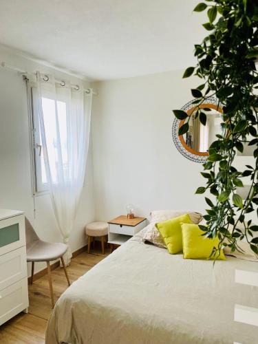 - une chambre avec un lit, un miroir et une plante dans l'établissement Studio Cosy avec terrasse et Garage Saint-Laurent du Var limitrophe Nice, à Saint-Laurent-du-Var