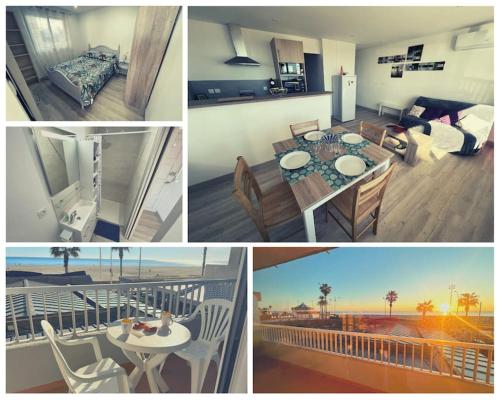 un collage de photos d'une cuisine et d'une salle à manger dans l'établissement Le CARROUSEL - Apt VUE MER - Plage à 10 M - CLIM - WIFI, à Canet