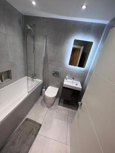 a bathroom with a toilet and a sink and a shower at Deluxe central London in London