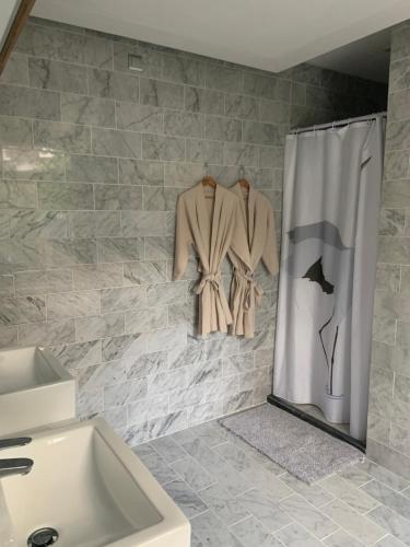 a bathroom with a shower curtain and a sink at HS68-apartment in Maastricht