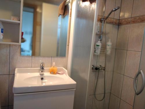 a bathroom with a sink and a shower with a mirror at Accomodation at Jasmin house in Rødby