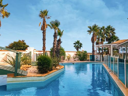 a swimming pool with palm trees in the background at Résidence Pierre & Vacances Les Bulles de Mer in Saint-Cyprien
