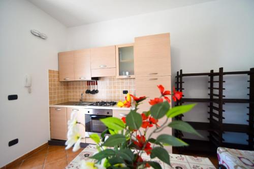a kitchen with wooden cabinets and a stove top oven at Piccolo Residence Gallipoli in Gallipoli