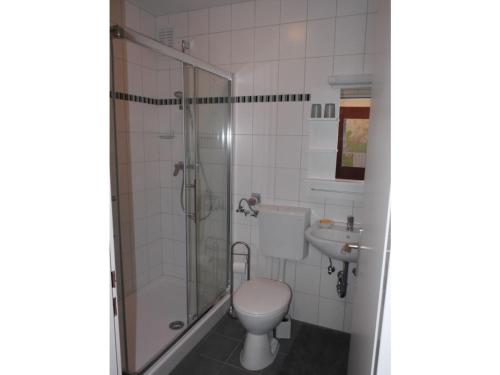 e bagno con doccia, servizi igienici e lavandino. di Henning a Bad Harzburg