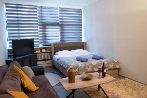 a bedroom with a bed and a couch and a table at κέντρο πόλης Βασίλης in Ioannina
