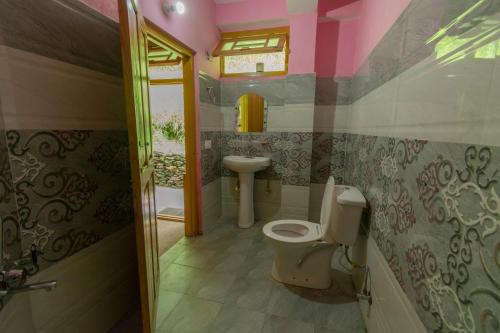 a bathroom with a toilet and a sink at Venky's Place in Jibhi