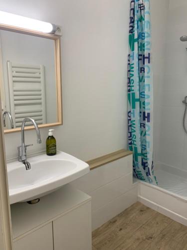 a bathroom with a sink and a shower curtain at La Grande Motte Apartment in La Grande Motte