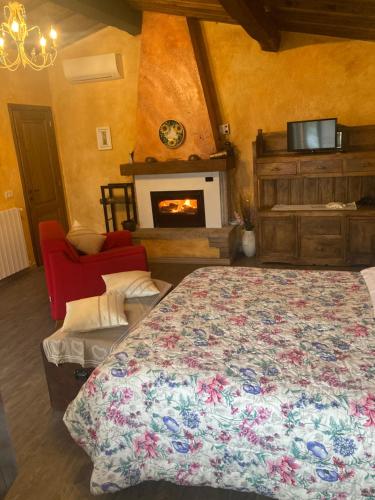 a bedroom with a large bed and a fireplace at La Biocca in Poggio Murella