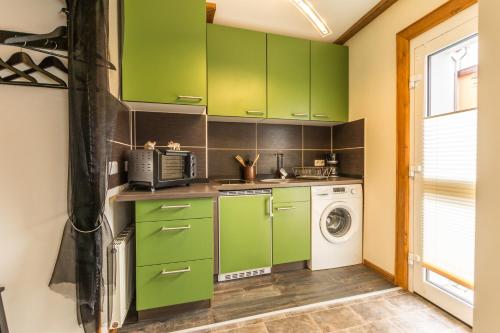 eine Küche mit grünen Schränken, einer Waschmaschine und einem Trockner in der Unterkunft Ferienwohnung Könitz in Naumburg