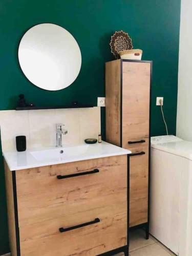 La salle de bains est pourvue d'un lavabo et d'un miroir sur un mur vert. dans l'établissement Joli T2 en centre-ville de Rochefort, à Rochefort