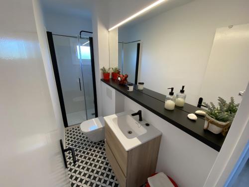 een badkamer met een wastafel, een toilet en een spiegel bij Mas Pinell 31C in Torroella de Montgrí
