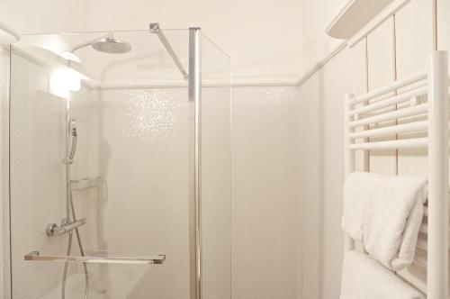 La salle de bains est pourvue d'une douche avec une porte en verre. dans l'établissement Galeries - Appartement 2 chambres avec Parking, à Bordeaux