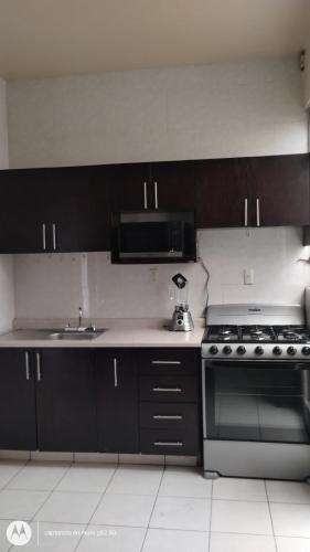 uma cozinha com armários pretos e um fogão em Departamento Mamá Rosario em Morelia