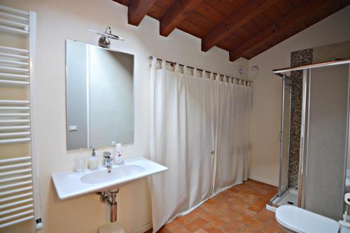 y baño con lavabo y ducha con espejo. en Corte delle Giuggiole en Cologna Veneta