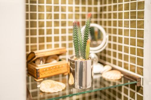 eine Vase mit einem Kaktus auf einem Glastisch in der Unterkunft Andrea Apartment in Liepāja