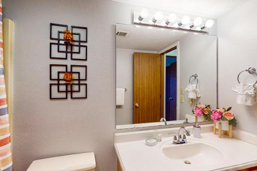 ein Bad mit einem Waschbecken und einem Spiegel in der Unterkunft Fall Creek Resort Pond View Escape in Branson