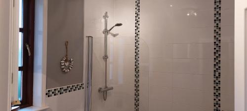 a shower with a glass door in a bathroom at The Lighthouse Loft in Whitehead