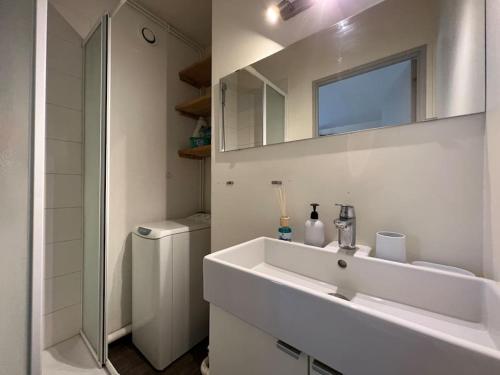 une salle de bain blanche avec un lavabo et une douche dans l'établissement Place du marché - Centre Fontainebleau !, à Fontainebleau
