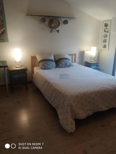 una camera da letto con un grande letto con due cuscini blu di Aéroport chambre ,au calme a Bouguenais