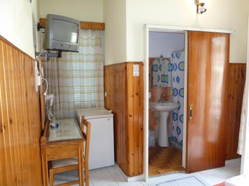 畢達哥利翁的住宿－Hotel Dolphin，一间带水槽和卫生间的浴室以及一台电视。