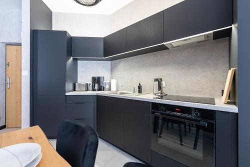 uma cozinha com armários pretos e um lavatório em Apartament Premium 28 Laguna Beskidów nad Jeziorem Żywieckim - Dream Apart em Zarzecze