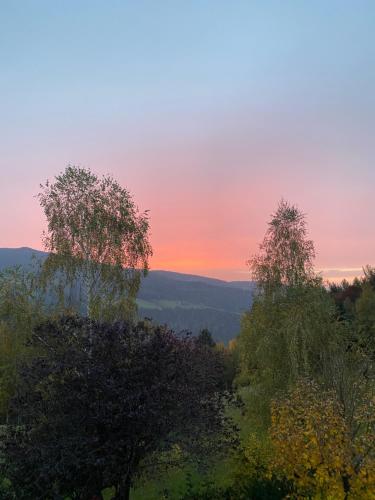 a sunset over a forest of trees at sunset at Dein HimmelReich - Ruheoase im Almenland auf 1000m über'm Alltag in Kloster