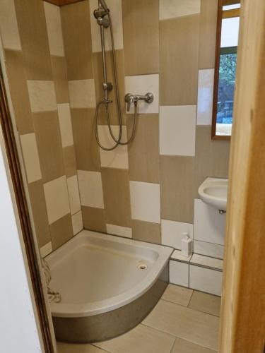 a bathroom with a tub and a toilet and a sink at Loft Wellness City Center in Leipzig