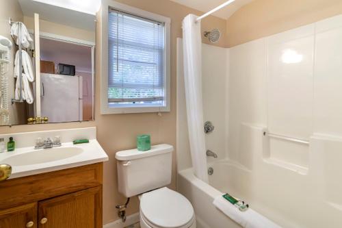 a bathroom with a toilet and a sink and a shower at Anchor Inn and Cottages Wells-Ogunquit in Wells