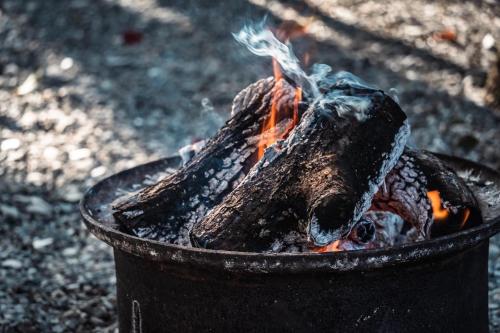 a fire pit with two logs in it at Qilin Valley in Puli