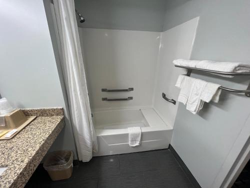 uma casa de banho com chuveiro, WC e toalhas em Executive Inn em Pelham