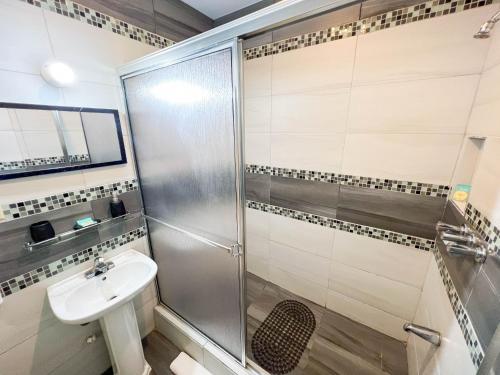 uma casa de banho com um chuveiro e um lavatório. em Stacys Place #4 Studio Apartment em Port of Spain