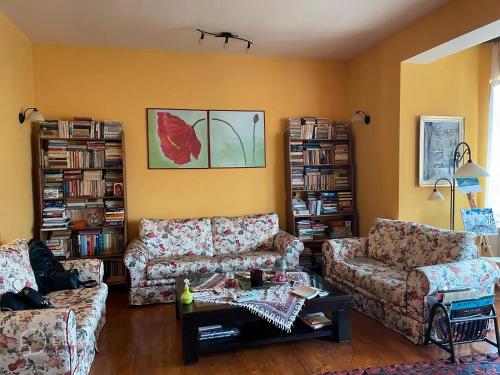 a living room with two couches and a coffee table at Blue Sky in Buşteni