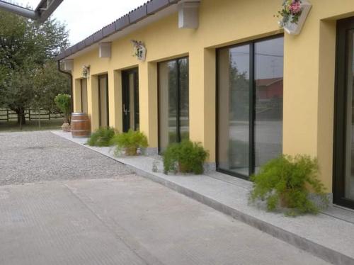 um edifício amarelo com vasos de plantas em frente em Azienda agrituristica Scotti em Somma Lombardo