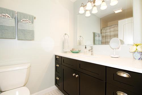 een badkamer met een wastafel, een toilet en een spiegel bij Searenity Stays in Edgewater