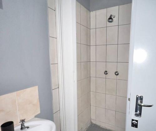 uma casa de banho com um chuveiro e um lavatório. em Posh Apartment next to Maboneng em Joanesburgo