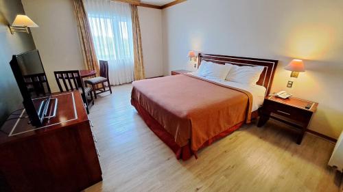 a hotel room with a bed and a television at Hotel Diego de Almagro Puerto Montt in Puerto Montt