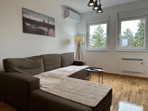 un soggiorno con divano e 2 finestre di Apartment Aura 2 a Belgrado