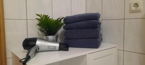 um secador de cabelo sentado numa prateleira na casa de banho em Apartments In Spay BigOne Zell-Merl Mosel em Zell an der Mosel
