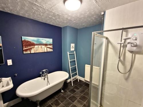 1 bedroom Sculcoates house Hull في هال: حمام أزرق مع حوض استحمام ومغسلة