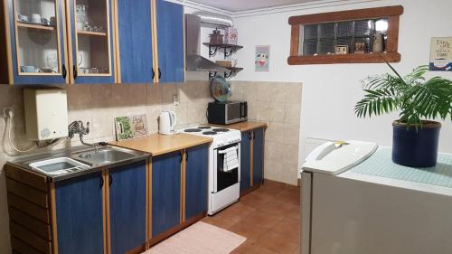 Apartman Barbara في داروفار: مطبخ صغير مع دواليب زرقاء ومغسلة