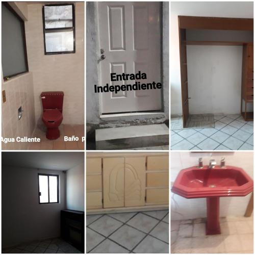 four pictures of a bathroom with a sink and a door at La Habitacion. in Celaya