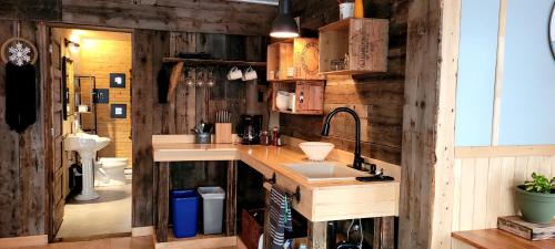 a kitchen with a sink and wooden walls at Motel du Haut Phare in Cap-des-Rosiers