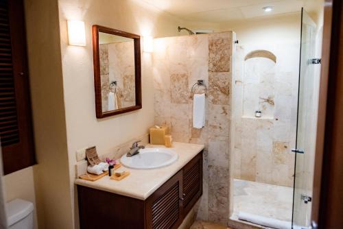 uma casa de banho com um lavatório e um chuveiro em Villas Sacbe Condo Hotel and Beach Club em Playa del Carmen